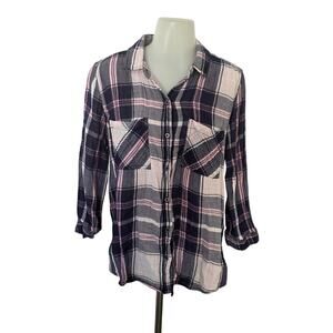 Seven7 Blue Pink Plaid Cotton Button Front Collared Long Sleeve Medium Western